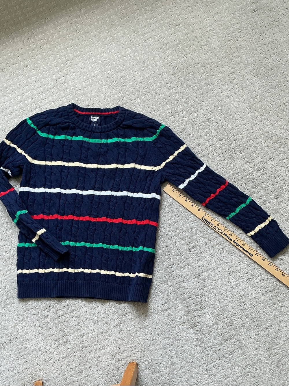 Lands' End Navy Cable Knit Crewneck with Red, Green, Cream, and White Stripes